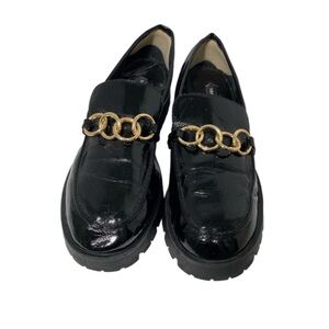 Nine West Women’s Patent Slip-On Black With Gold chain Loafers Size 10